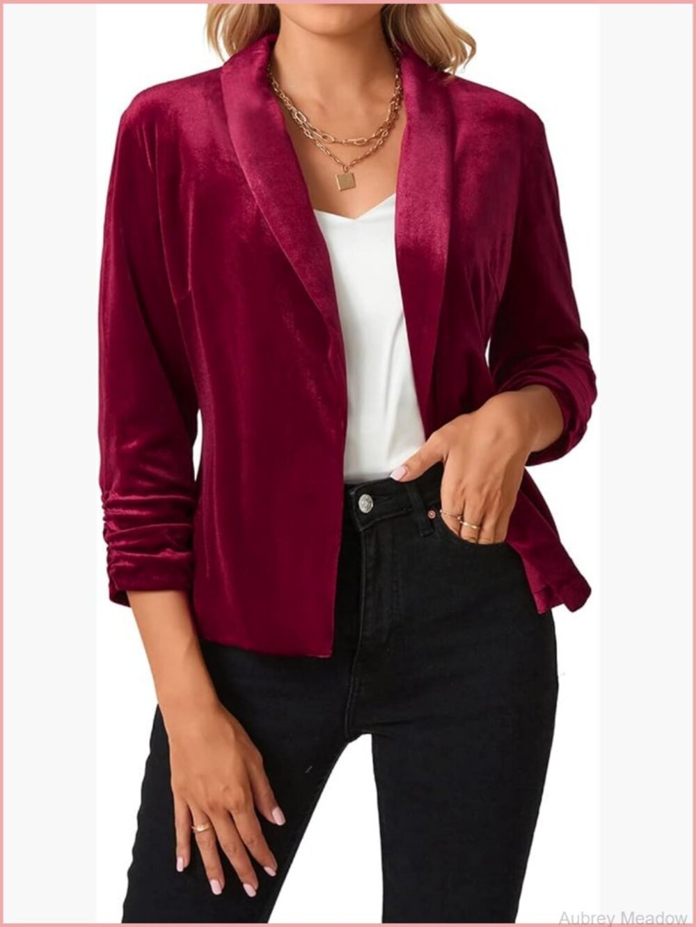 Velvet Blazer 3/4 Ruched Sleeve Shawl Lapel Open Front Jacket